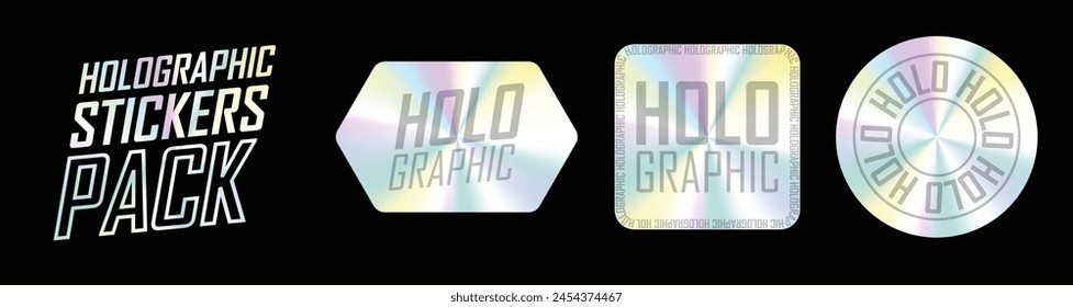 Geknitterte holografische Aufkleber, Regenbogen-Hologramm-Folienetiketten. Glänzend irisierende Tags mit gebogenen Kanten, garantieren Siegel Emblem Vektorgrafik Set. Illustration des realistischen Holografie-Patches