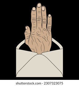 Wrinkled human hand emerging from a paper envelope. Vote gesture. Creative concept. On black background.