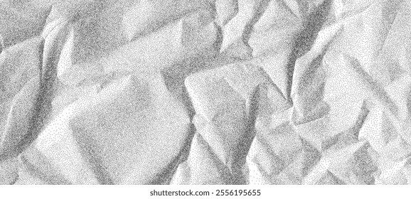 Wrinkled noise background with distressed paper texture. Vector design featuring dust, grain, and rough scratches for a retro, gritty effect. Black and white abstract overlay.