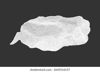 Wrinkled notebook paper speech bubble on dark background. White surface jagged torn edges gritty texture and halftone detail.