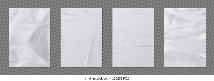 Wrinkled paper. Crumpled sheet of paper, empty realistic mockup for posters and banners. Vector 3D paper texture A4 pages, glued wet poster on wall - Shutterstock ID 1582511026