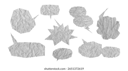 Conjunto de bolhas de fala de papel enrugado. Design vetorial abstrato para diálogo social, conversa em desenho animado, memorando ou arte em zine. Arestas de papelão rasgadas sujas ideais para poster ou fundo de etiqueta.
