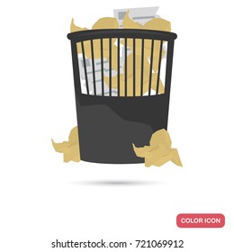 Wrinkled paper in the trash can color flat icon
