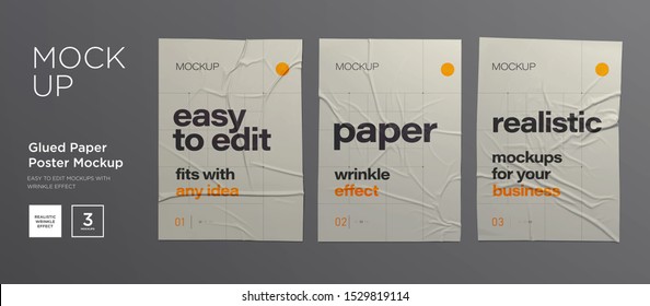 Wrinkled poster template set  Glued paper  Vector Realistic wet wrinkled posters mockup