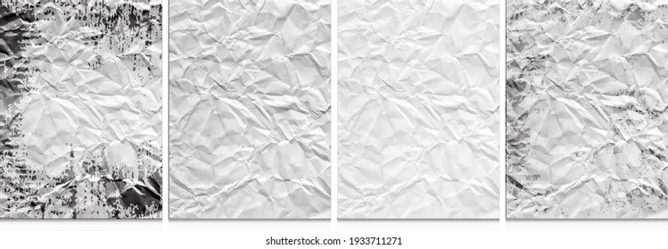 Wrinkled poster template set. Glued paper. Vector Realistic wet wrinkled posters mockup with A4 size proportions. Gradient overlay grunge background with wrinkle texture. Mockup for Old brochure card.