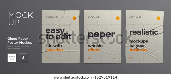 Wrinkled poster template set. Glued paper.\
Vector Realistic wet wrinkled posters\
mockup