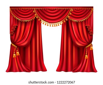 Wrinkled red curtain with lambrequin decorated golden tassels realistic vector isolated on white background. Heavy window dressing in Victorian style gathered from side with tie. Theater stage drapery