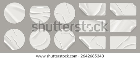 Wrinkled round stickers. Crumpled texture circle paper labels with adhesive glued tape, realistic round rectangle wrinkle sticker badges mockup for sale price. Vector isolated set.