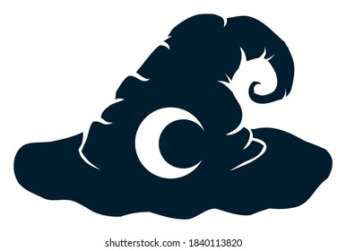 Wrinkled wizard hat silhouette decorated with moon, isolated over white background.