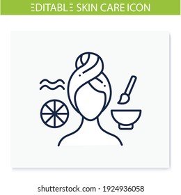 Icono de línea de máscara facial de lucha contra ruidos. Máscara facial de ácido cítrico orgánico, procedimientos de spa. Concepto de cuidado natural de la piel. Tratamiento facial de belleza. Ilustración vectorial aislada.Icono editable