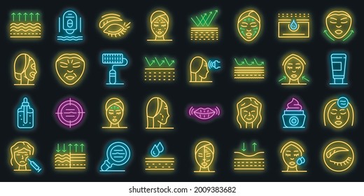 Wrinkles icons set. Outline set of wrinkles vector icons neon color on black