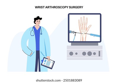 Wrist arthroscopy surgery concept. Minimal invasive procedure. Doctors appointment in clinic. Pain, injury and inflammation in the human arm. Treatment of hand bones flat vector medical illustration
