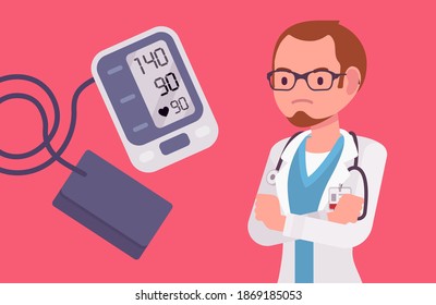 Wrist Blood Pressure Monitor Tonometer With High Measurement Result. Digital Display Showing Bad Meter Test, Doctor Unhappy In Warning, Red For Hypertension. Vector Flat Style Cartoon Illustration