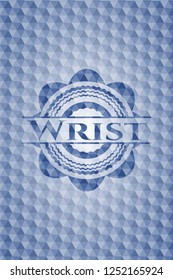 Wrist blue badge with geometric pattern.