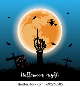 wrist bone held up from grave with full moon and Halloween night text.