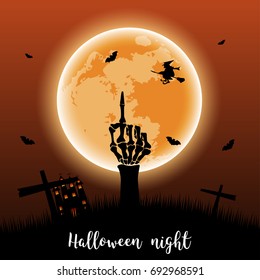 wrist bone held up from grave with full moon and Halloween night text.