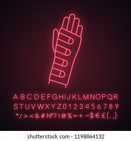 Wrist brace neon light icon. Hand orthosis. Radiocarpal joint bandage. Glowing sign with alphabet, numbers and symbols. Wrist support. Hand splint. Vector isolated illustration