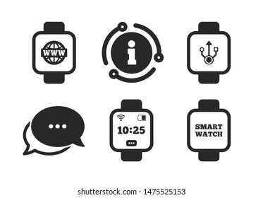 Wrist digital time watch symbols. Chat, info sign. Smart watch icons. USB data, Globe internet and wi-fi signs. Classic style speech bubble icon. Vector