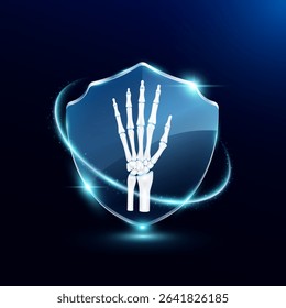 Wrist finger joint bone in translucent glass shield modern. Surrounded by glowing ring safety guardian. Human organ on blue background. Medical health care immunity and protection concept. Vector.