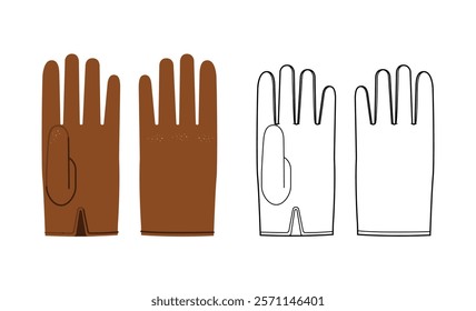 Wrist Length Gloves brown cartoon and outline Fashion hand accessory clothing technical illustration garment. Vector for Men, women, unisex style flat template CAD mockup sketch on white background