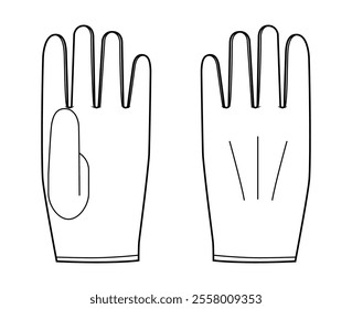 Wrist Length Gloves Fashion hand accessory clothing technical illustration garment. Vector front palm back view for Men, women, unisex style flat template CAD mockup sketch outline on white background