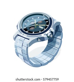 Wrist mechanical watch. Personal business accessory. Arrow Show time. Trendy classic device. Vector illustration, eps10 isolated white background