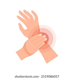 Wrist pain, sprained wrist caused by injury. Inflammation of the tendon. Bruise from exercise. Vector illustration isolated on white background   