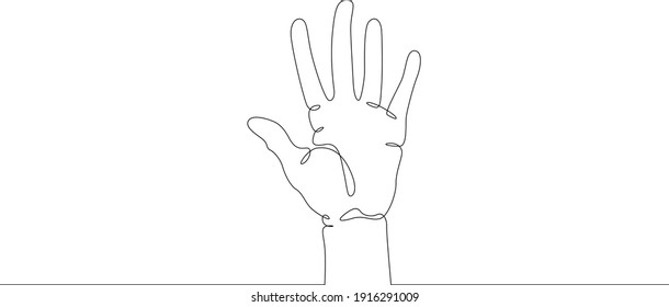 Handgelenk. Palmgeste. Unterschiedliche Position der Finger. Zeichen und Symbol der Gesten. Ein Logo mit durchgehender Zeichnungslinie, einhandgezeichnet, Kunstdoodle einzeln auf minimaler Ebene.
