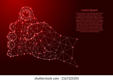 Wrist spring expander in hand, from futuristic polygonal red lines and glowing stars for banner, poster, greeting card. Vector illustration.