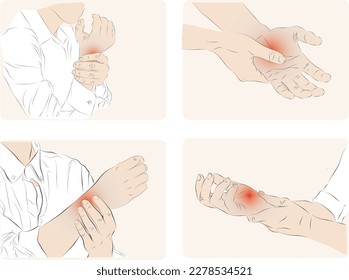 Wrist tendon inflammation, Arthralgia. Body ache, Office syndrome The picture shows pain at various points of the body of men and women, showing neck pain, back, shoulder, calf pain.