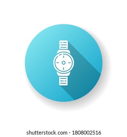 Wrist Armbanduhr blauen flachen Design langen Schattenglyph Symbol. Männliche Uhr. Zeit auf dem Wähltagebuch. Schnittstelle zum Zeitgeber. Klassische männliche Uhr am Gurt. Armband zur Überprüfung der Zeit. Silhouette RGB Farbillustration