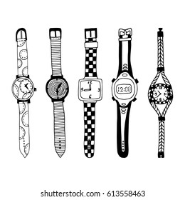 Wrist watch cartoon. Set of clocks. Vector illustration.