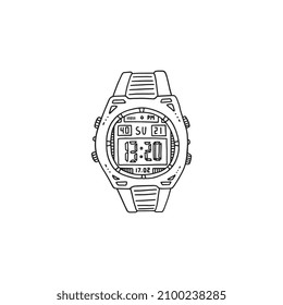 Armbanduhr mit Chronometeranzeige. Moderne Armbanduhr auf Armband, handgezeichnet Symbol oder Symbol, doodle Vektorgrafik einzeln auf weißem Hintergrund.