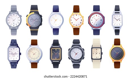 Wrist watch collection. Classic mechanical clock face with fashion bracelet flat style, analog wristwatch smartwatch male female accessory. Vector set of mechanical wrist clock illustration