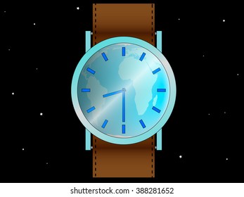 wrist watch with dial of planet Earth