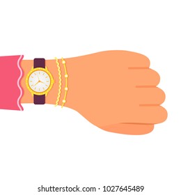 Wrist watch with diamonds on the hand of a business lady. Girl with clock and bracelets checks time .. Flat design, vector illustration isolated on white background.