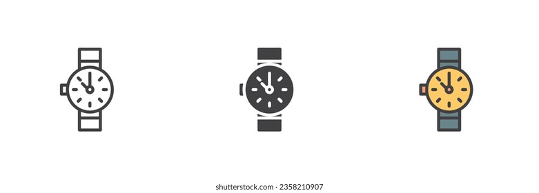 Wrist watch different style icon set. Line, glyph and filled outline colorful version, outline and filled vector sign. Symbol, logo illustration. Vector graphics