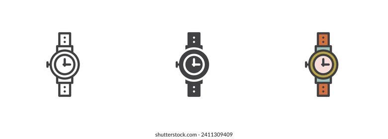 Wrist watch different style icon set. Line, glyph and filled outline colorful version, outline and filled vector sign. Symbol, logo illustration. Vector graphics