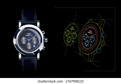 Wrist Watch, drawing, realistic, 3d vector illustration.