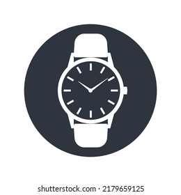 Wrist watch graphic icon. Watch sign in the circle isolated on white  background. Men hand watch. Vector illustration 