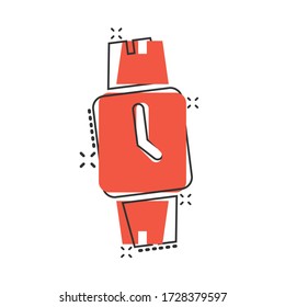 Wrist watch icon in comic style. Hand clock cartoon vector illustration on white isolated background. Time bracelet splash effect business concept.