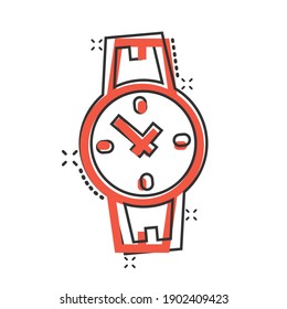 Wrist watch icon in comic style. Hand clock cartoon vector illustration on white isolated background. Time bracelet splash effect business concept.