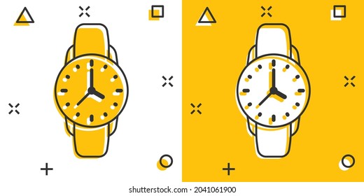 Wrist watch icon in comic style. Hand clock cartoon vector illustration on white isolated background. Time bracelet splash effect business concept.