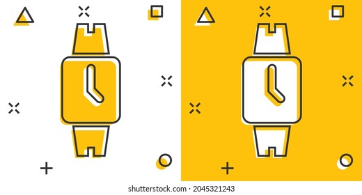 Wrist watch icon in comic style. Hand clock cartoon vector illustration on white isolated background. Time bracelet splash effect business concept.