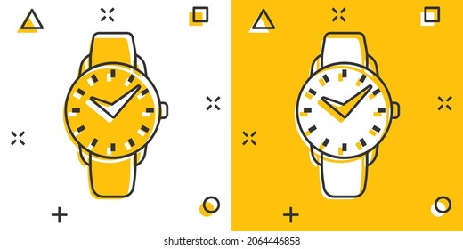 Wrist watch icon in comic style. Hand clock cartoon vector illustration on white isolated background. Time bracelet splash effect business concept.