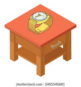 Wrist watch icon isometric vector. Golden wristlet watch on wooden bedside table. Time concept, accessory