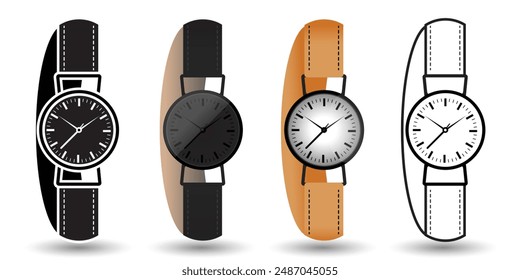 Wrist watch icon set. Linear and filled watch icons. Vector illustration Concept.