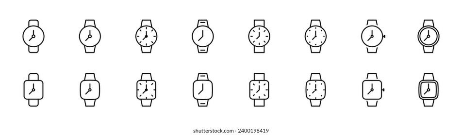 Juego de iconos de reloj de pulsera. Icono de línea de reloj de pulsera. Juego de relojes de muñeca redonda y cuadrada. Trazo editable. Ilustración vectorial.