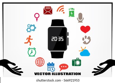 wrist watch icon vector illustration eps10. Isolated badge  clock time for website or app - stock infographics.