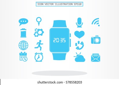wrist watch icon vector illustration eps10. Isolated badge  clock time for website or app - stock infographics.